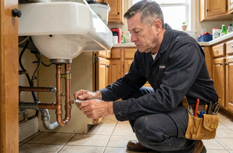 Plombier professionnel inspectant les joints de tuyaux en cuivre sous un évier de cuisine lors d'une intervention de plomberie domestique