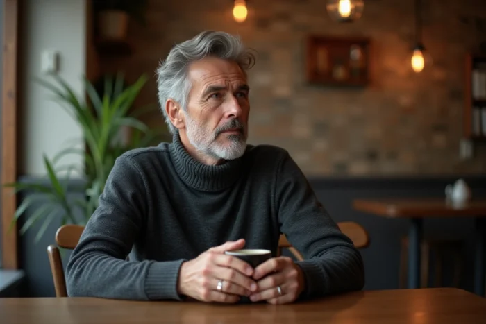 Portrait intimiste et discret d'un homme élégant en pull col roulé dans un café parisien, vie privée préservée
