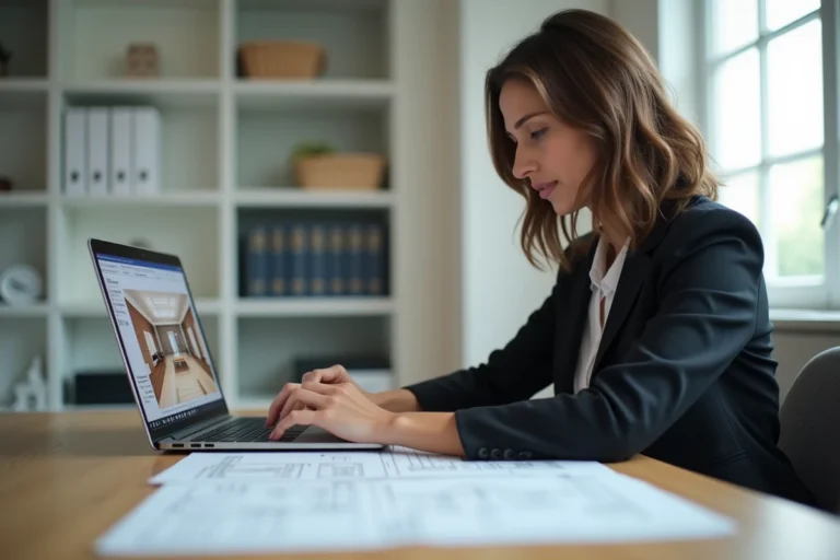 Femme professionnelle consultant des plans immobiliers et une visite virtuelle sur ordinateur pour préparer une visite immersive lamaison360