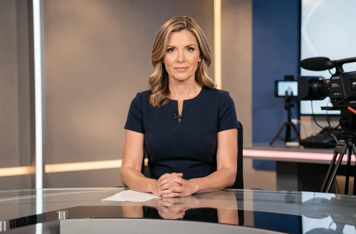 Présentatrice de télévision assise derrière un bureau de plateau, regard caméra confiant et tenue professionnelle élégante