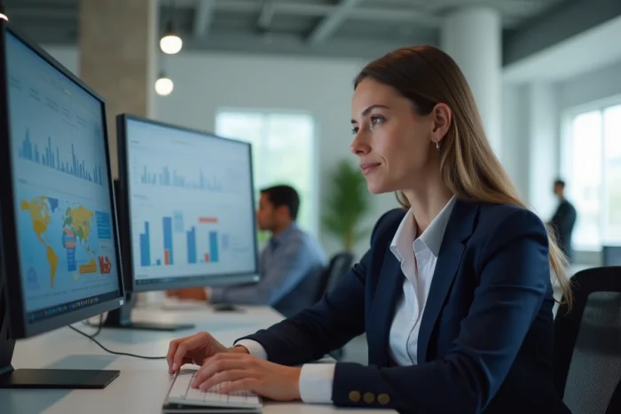 Professionnelle du marketing digital analysant des tableaux de bord analytiques sur deux écrans dans un bureau moderne en 2024