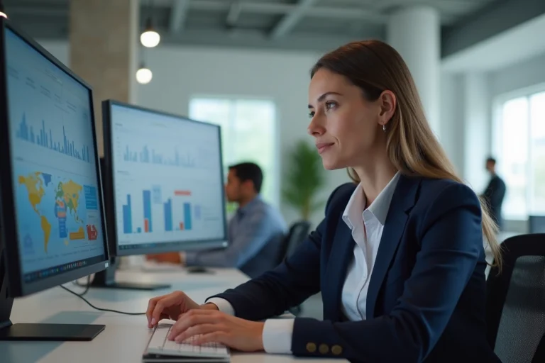 Professionnelle du marketing digital analysant des tableaux de bord analytiques sur deux écrans dans un bureau moderne en 2024