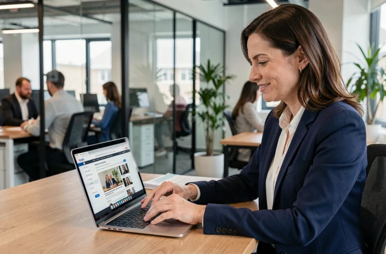 Professionnelle en entreprise consultant une newsletter sur son ordinateur portable dans un bureau moderne