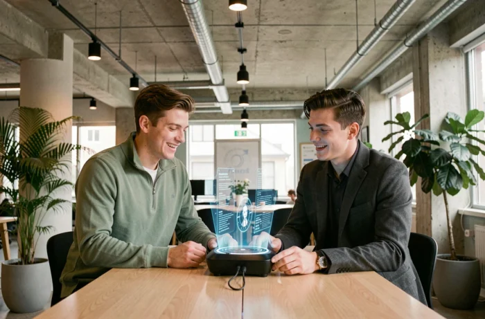 Deux professionnels découvrant un dispositif de réalité augmentée dans un espace de coworking, symbolisant les innovations technologiques récentes