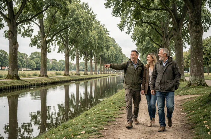 Groupe d'amis se promenant au bord du canal à Rennes lors d'une sortie loisirs en plein air