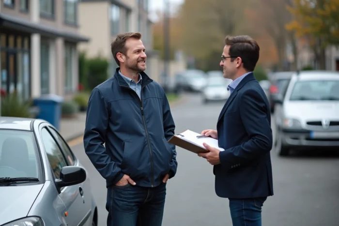 Propriétaire de véhicule discutant de son assurance auto avec un agent en extérieur