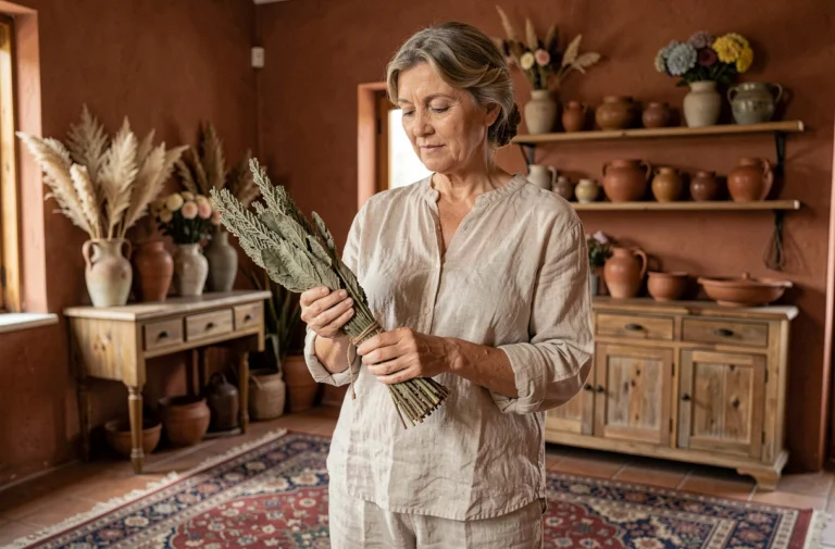 Femme utilisant de la sauge séchée pour purifier son salon et chasser les mauvaises énergies de sa maison