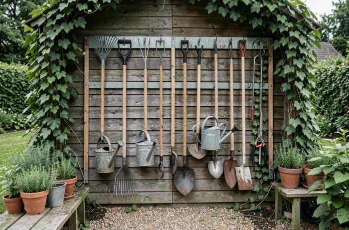 Rangement mural d'outils de jardinage indispensables sur une remise en bois avec râteaux, arrosoirs et sécateurs bien organisés