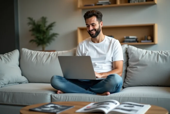 Jeune homme recherchant une revue technique automobile gratuite en PDF sur internet depuis son salon