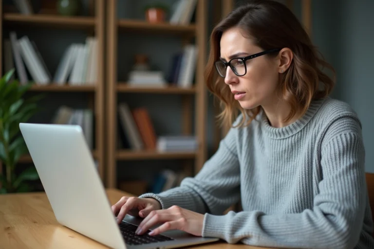 Femme réinitialisant son mot de passe sur un espace client en ligne depuis son bureau à domicile
