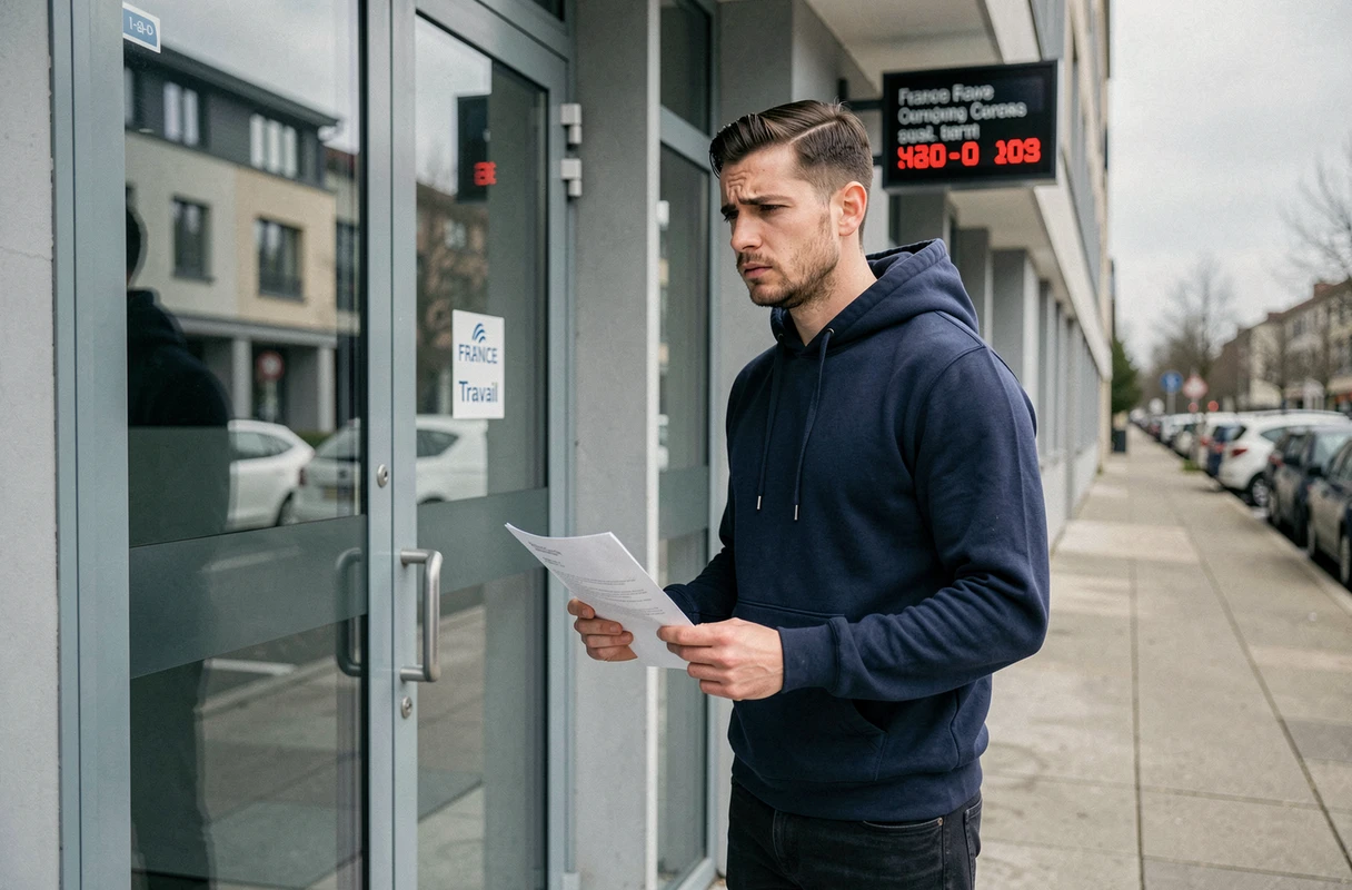 Junger Mann, der zu spät vor den geschlossenen Türen einer Agentur von France Travail angekommen ist, mit einer Einladung in der Hand
