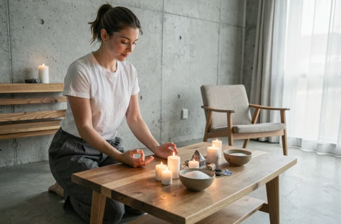 Rituel de protection spirituelle avec bougies, cristaux et sel pour éloigner les mauvaises énergies d'un appartement