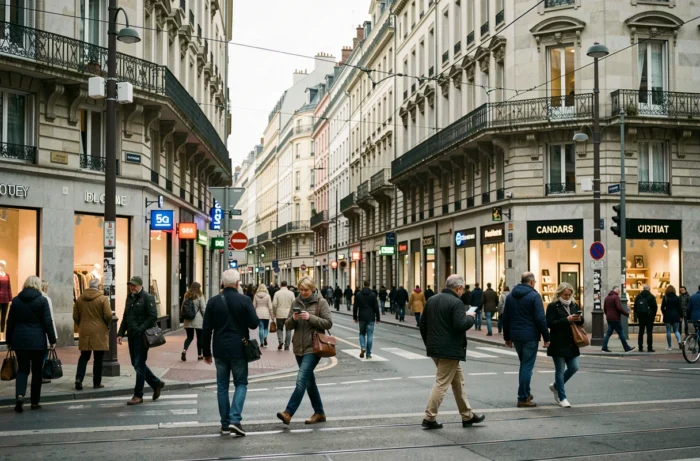 Rue urbaine animée avec des nœuds de réseau 5G installés sur des lampadaires en ville