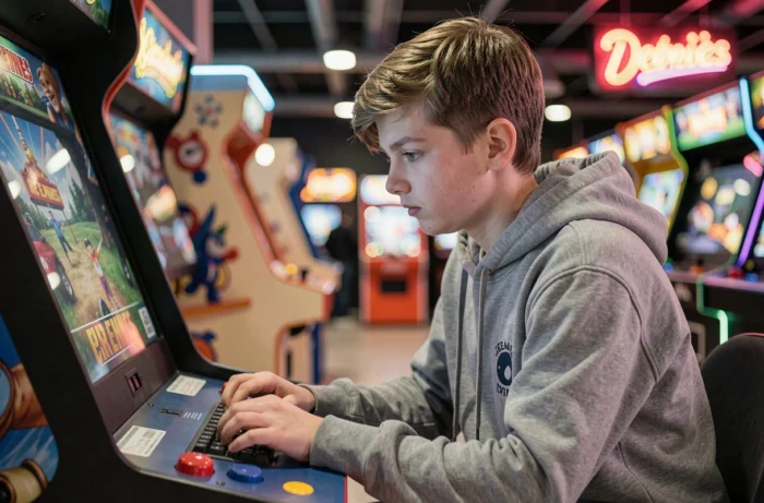 Adolescent jouant à une borne d'arcade dans une salle de loisirs moderne à Rennes