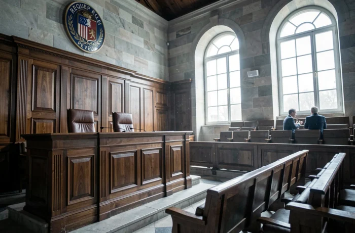 Salle d'audience d'un tribunal français avec le bureau du juge, la barre des témoins et les symboles de la République