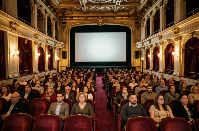 Grande salle du cinéma Le Capitole avec rangées de sièges en velours rouge et public attentif devant un écran lumineux