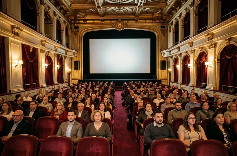 Grande salle du cinéma Le Capitole avec rangées de sièges en velours rouge et public attentif devant un écran lumineux