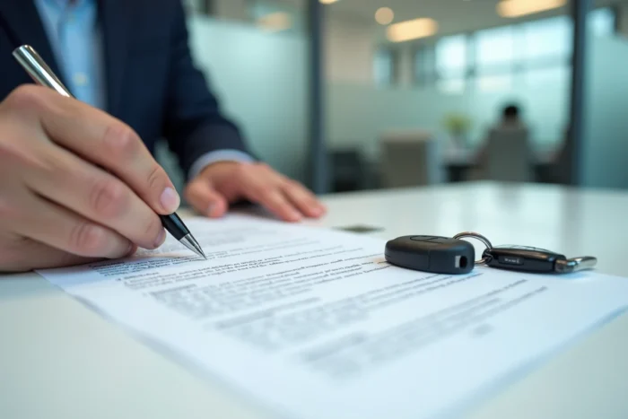 Signature d'un contrat d'assurance auto MAE sur un bureau en agence