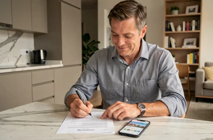 Propriétaire signant un mandat immobilier en ligne avec une néo agence depuis son domicile