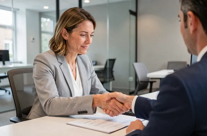 Femme signant un contrat de prêt hypothécaire avec un conseiller bancaire pour financer un projet immobilier en Belgique