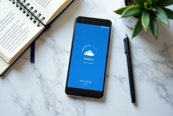 Vue aérienne d'un smartphone affichant l'application OneDrive en cours de synchronisation sur un bureau en marbre