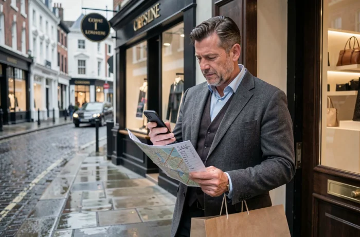Homme consultant les dates des soldes sur son téléphone devant une boutique de luxe à Bond Street Londres