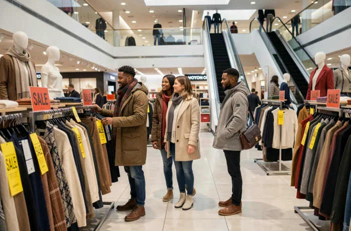 Groupe d'amis faisant du shopping pendant les soldes dans un grand magasin de Londres