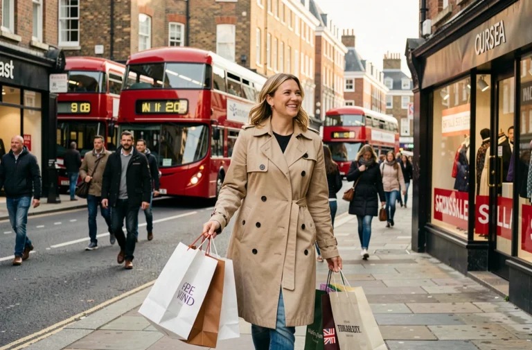 Femme faisant du shopping lors des soldes à Oxford Street Londres avec des sacs de courses