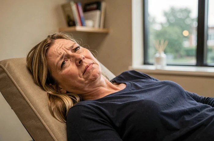 Femme allongée lors d'une séance de sophrologie avec une expression d'incertitude, illustrant les effets inattendus possibles de la sophrologie