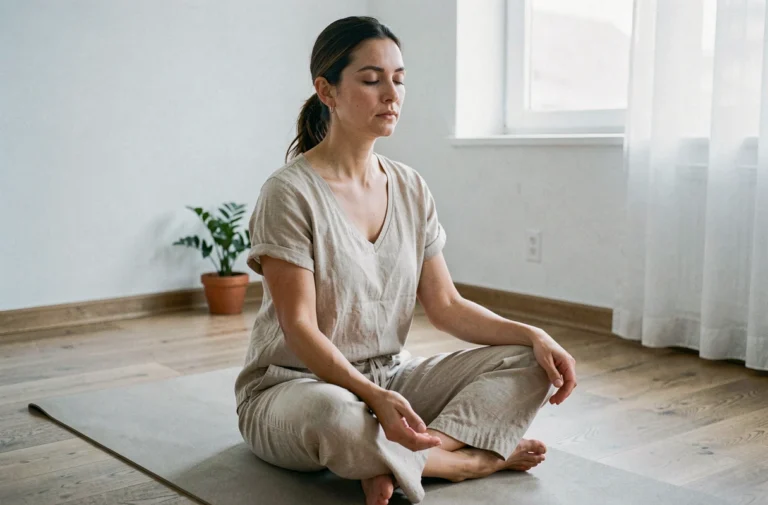 Femme pratiquant la sophrologie seule à domicile dans un environnement épuré, illustrant les risques d'une pratique non encadrée