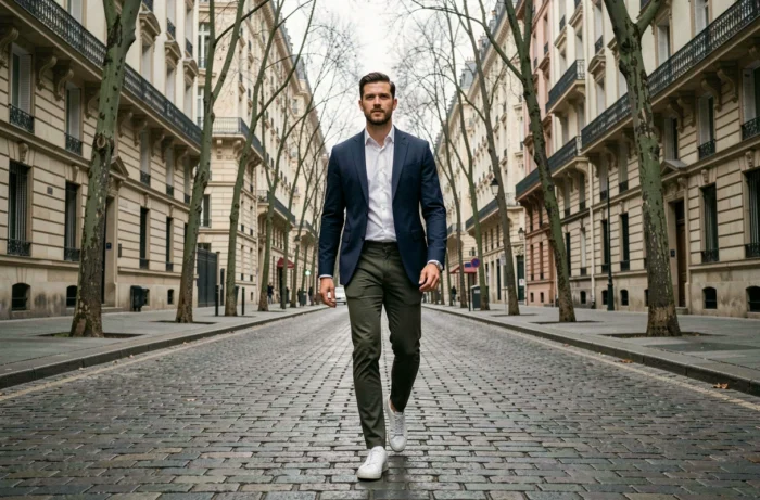 Homme stylé en tenue tendance blazer marine et sneakers blanches marchant dans une rue parisienne