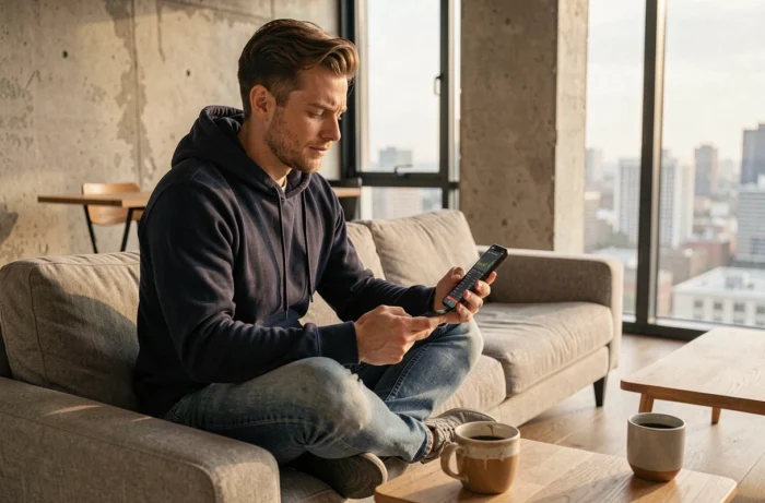 Jeune homme suivant les actualités du marché boursier sur son smartphone depuis son appartement