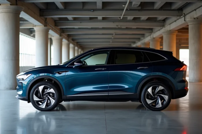 SUV électrique neuf exposé dans un showroom urbain au design industriel contemporain