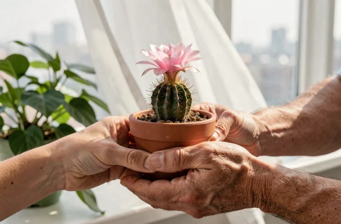 Deux mains tenant ensemble un cactus en fleur dans un pot en terre cuite, symbole d'amour et de cadeau unique