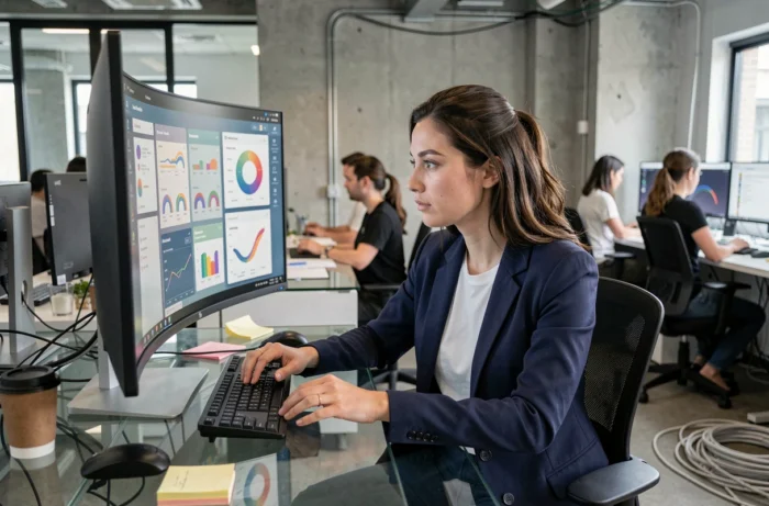 Femme professionnelle analysant des tableaux de bord numériques sur un moniteur ultrawide dans un bureau tech moderne