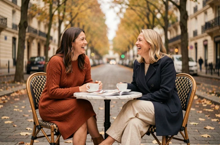 Deux femmes élégantes riant en terrasse de café parisien portant des tenues tendance automne, mode saison actuelle
