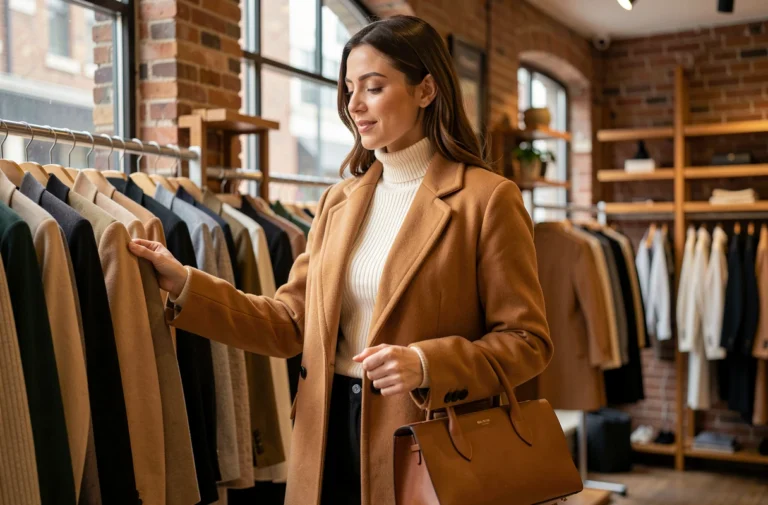 Femme élégante en manteau camel explorant les dernières tendances mode dans une boutique chic