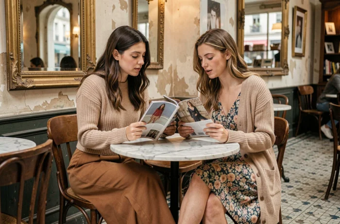 Deux femmes à la mode discutant des tendances de la saison dans un café parisien authentique