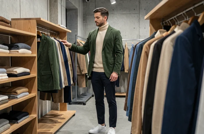 Homme en blazer velours vert et col roulé ecru dans un concept store tendance, découverte des nouvelles collections mode
