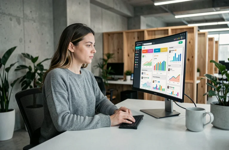 Femme professionnelle consultant des tendances web sur un grand écran dans un bureau moderne en open space