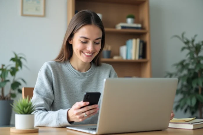 Jeune femme consultant les dernières tendances du web sur ordinateur portable et smartphone dans un bureau moderne