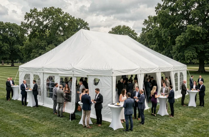 Grande tente gonflable blanche lors d'un événement d'entreprise en plein air avec des invités en tenue décontractée