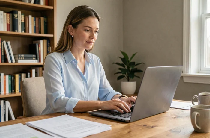 Femme préparant un transfert de mail vers un expert CAF depuis son bureau à domicile
