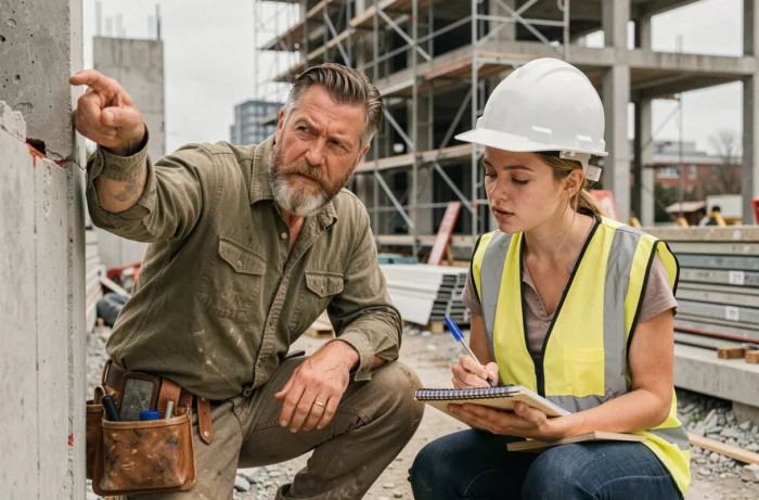 Chef de chantier expérimenté transmettant son savoir-faire pratique à une jeune technicienne sur un chantier de construction