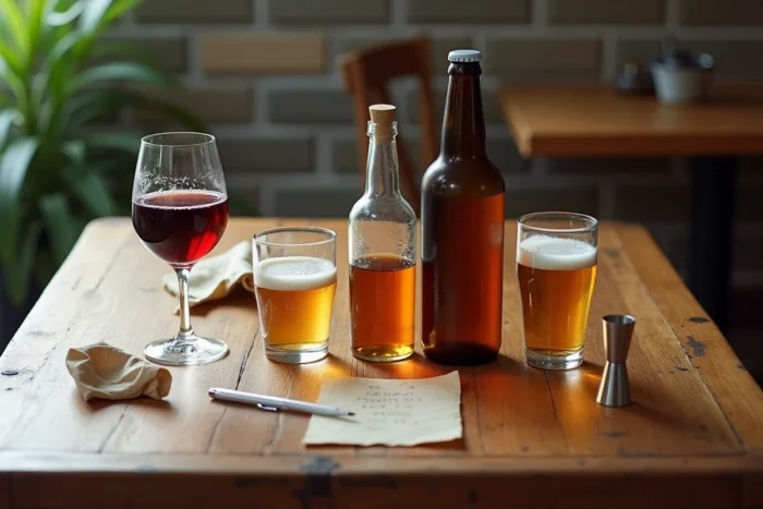 Vue de dessus de différents verres d'alcool représentant les unités standard pour calculer le taux d'alcoolémie
