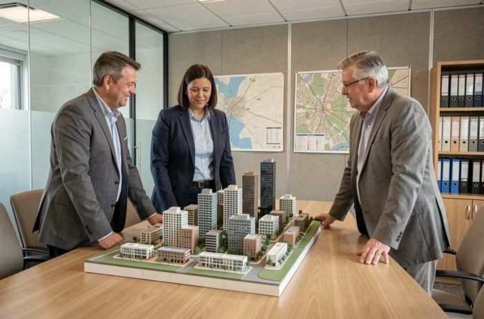 Urbanistes analysant une maquette architecturale lors d'une réunion de planification urbaine réglementaire
