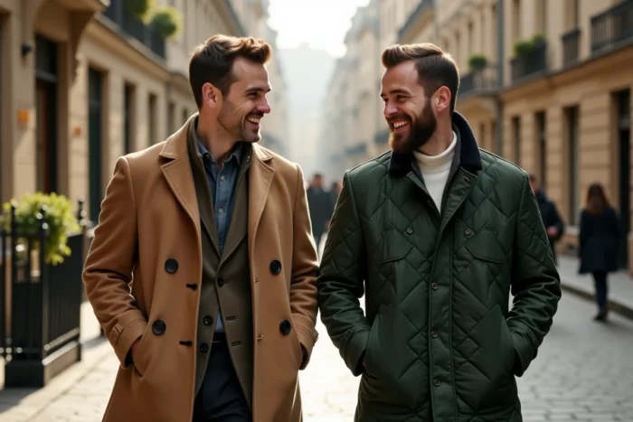 Deux hommes élégants marchant ensemble dans une rue pavée européenne, évoquant la relation amoureuse et la vie privée de Yoann Usai